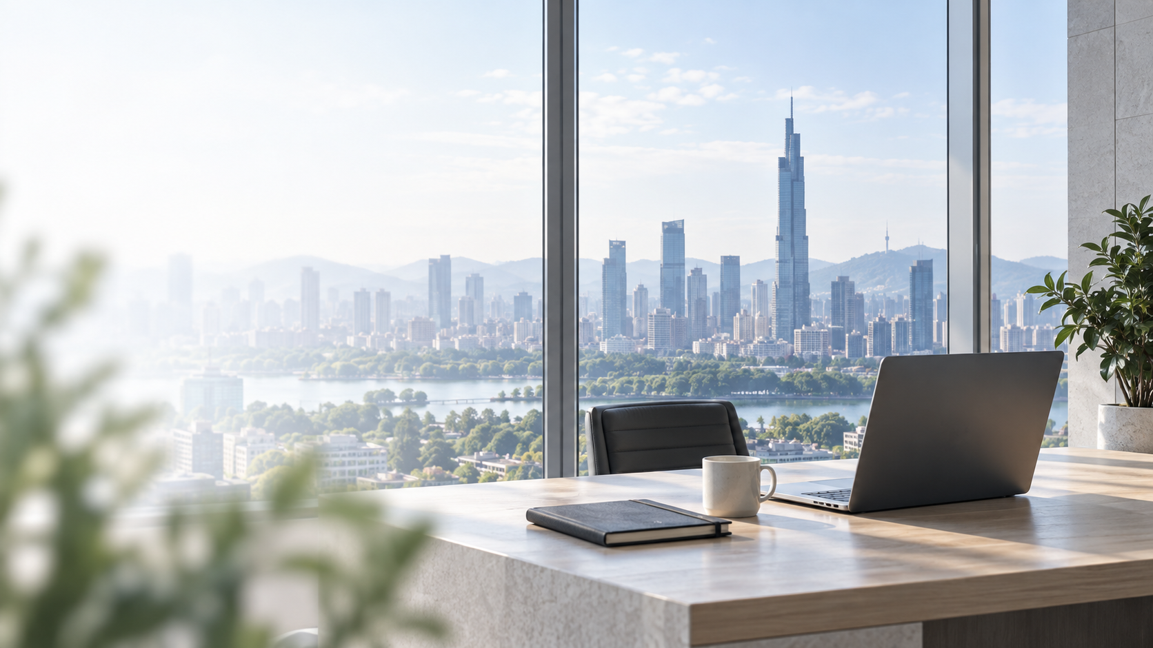 Nanjing skyline seen from a contemporary workspace